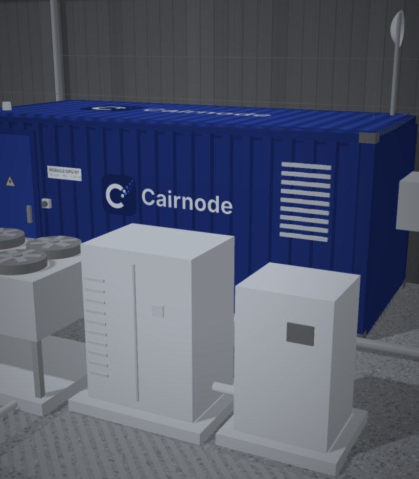 Cairnode GPU module: a blue container with its dry cooler and electrical cabinets on a concrete pad